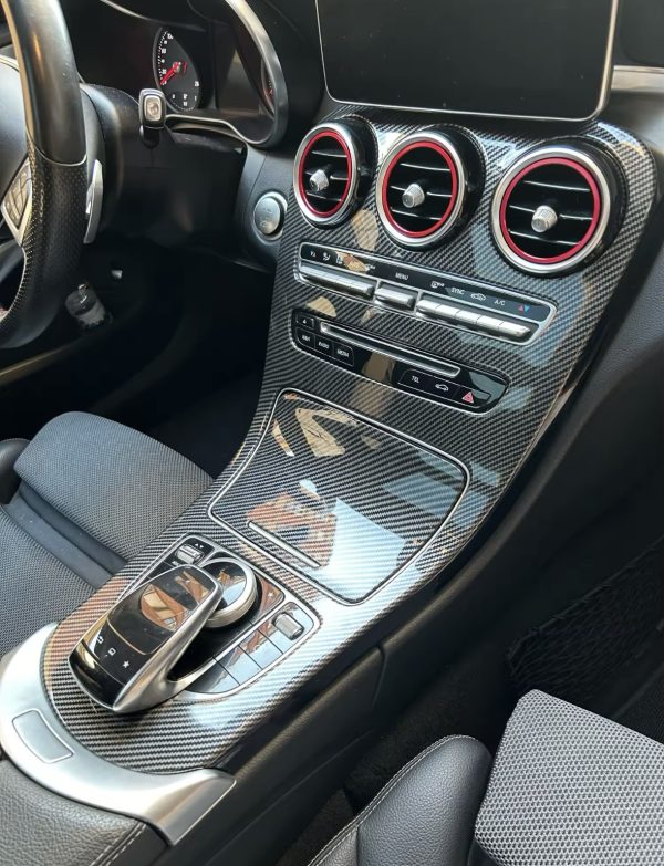 ”Kolfiber” Mittkonsol Överlägg för Mercedes Benz C-klass W205 & GLC X253 (2015–2018) – Komplett Kit inkl. Lock - Bild 2
