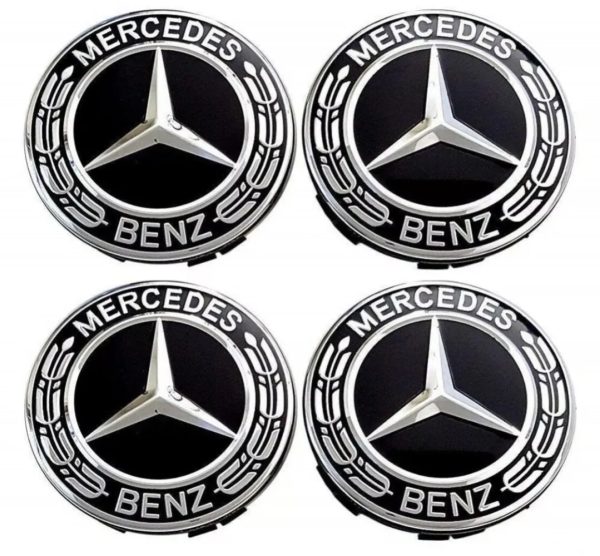 4-pack Mercedes centrumkåpor 75mm – Svart/Silver