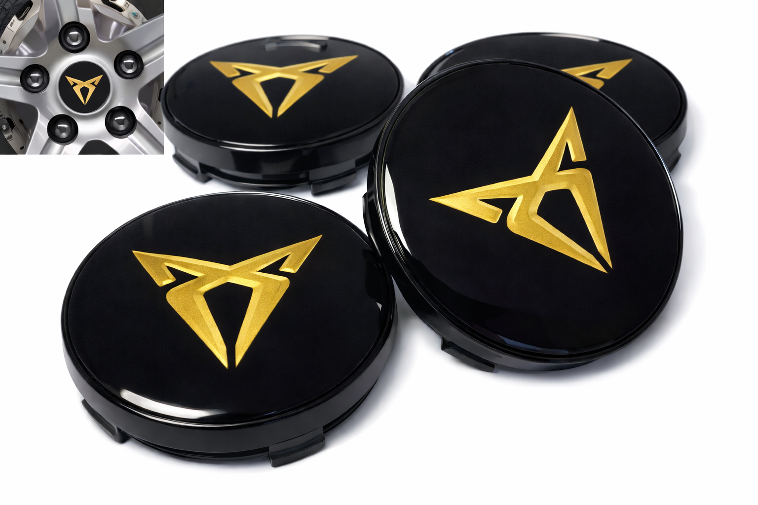 4-pack Cupra centrumkåpor i Svart/guld 60/65/68mm 1 4-pack Cupra centrumkåpor i Svart/guld 60/65/68mm