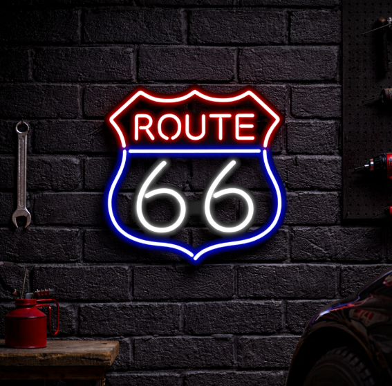 LED Neon Skylt – Route 66 (38x38cm) till garage/hem/kontor 1 LED Neon Skylt – Route 66 (38x38cm) till garage/hem/kontor