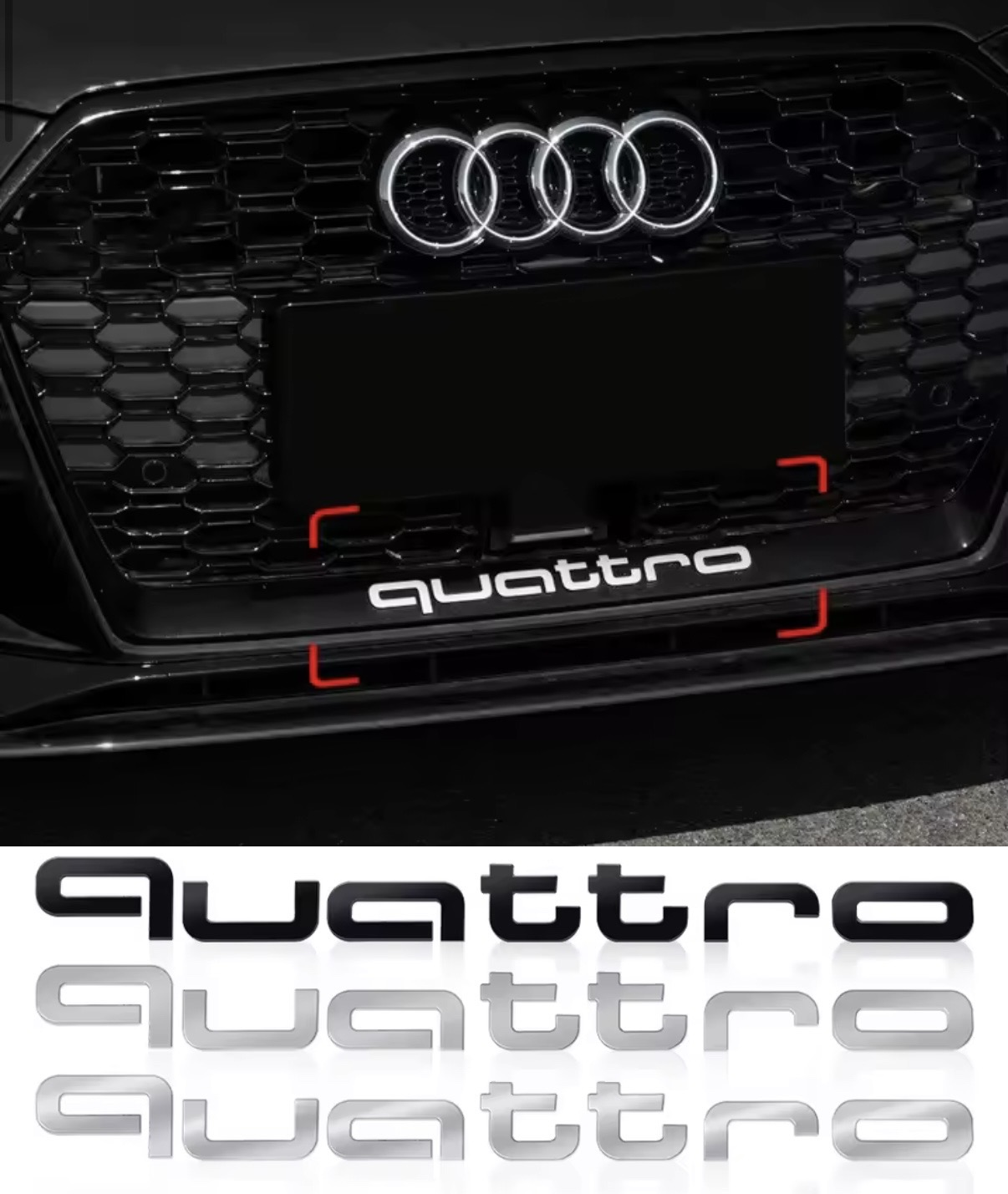 Quattro emblem till Audi - Front/backlucka/sidokjol (Svart/krom/mattsilver) 1 Quattro emblem till Audi - Front/backlucka/sidokjol (Svart/krom/mattsilver)