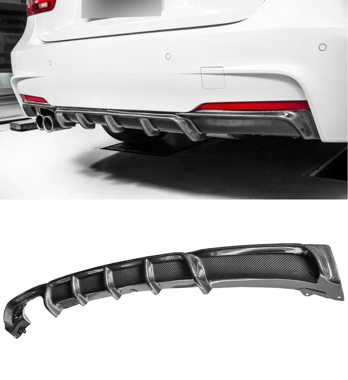 BMW F30/F31 2012-2018 ”kolfiber” diffusor med 2 utblås vänster sida 1 BMW F30/F31 2012-2018 ”kolfiber” diffusor med 2 utblås vänster sida