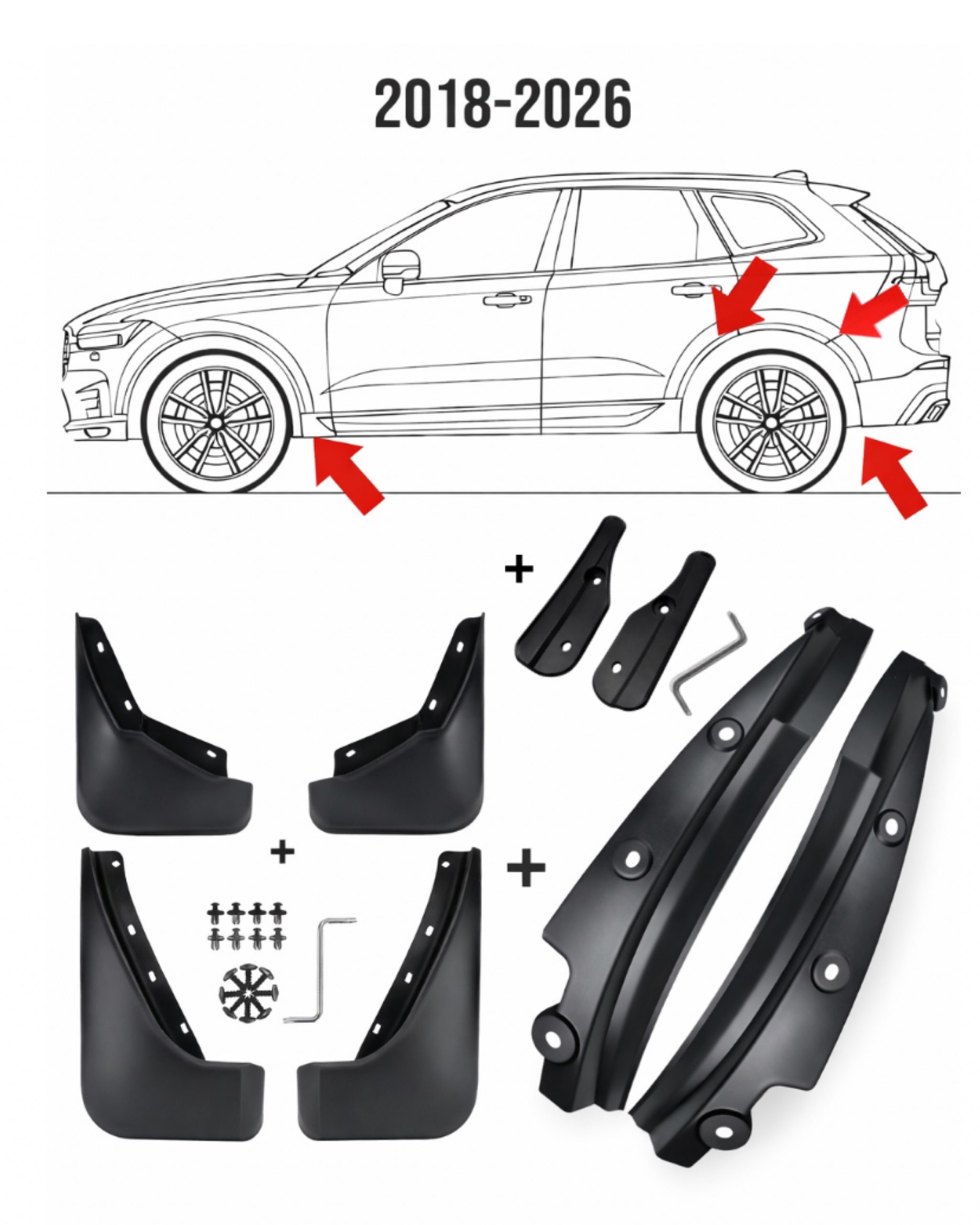 8-pack stänkskydd/mudflaps passande XC60 2018-2026 för hjulhus & 4 däck 1 8-pack stänkskydd/mudflaps passande XC60 2018-2026 för hjulhus & 4 däck