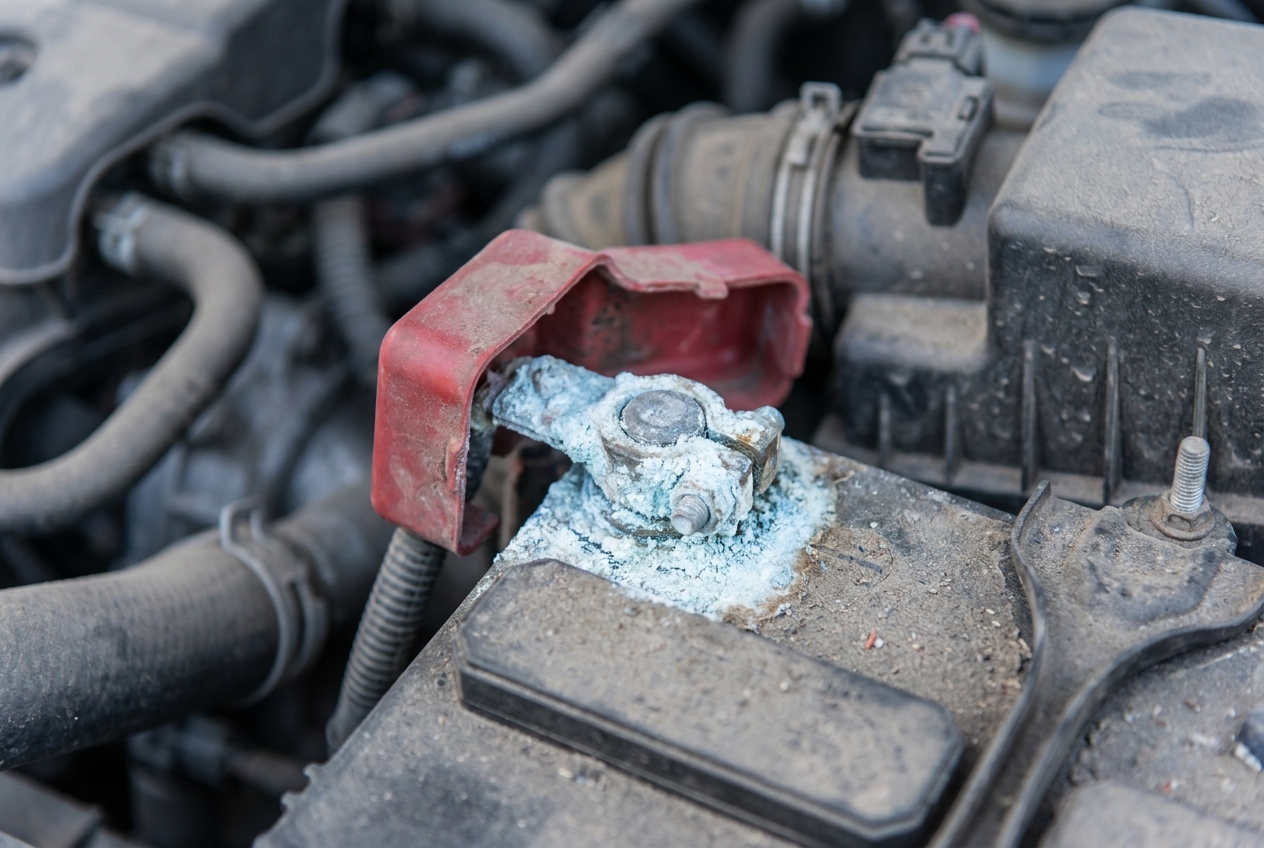 Närbild på bilbatteriets pluspol med vit oxidbeläggning på polskon