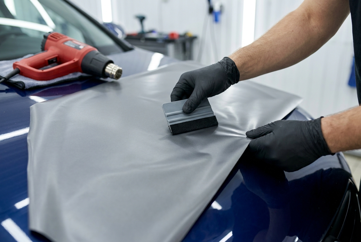 Händer med folierakel som lägger vinylfolie över en motorhuv