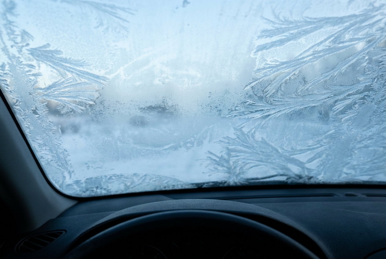 Imma och frost på insidan av en vindruta sedd från förarplatsen i morgonljus