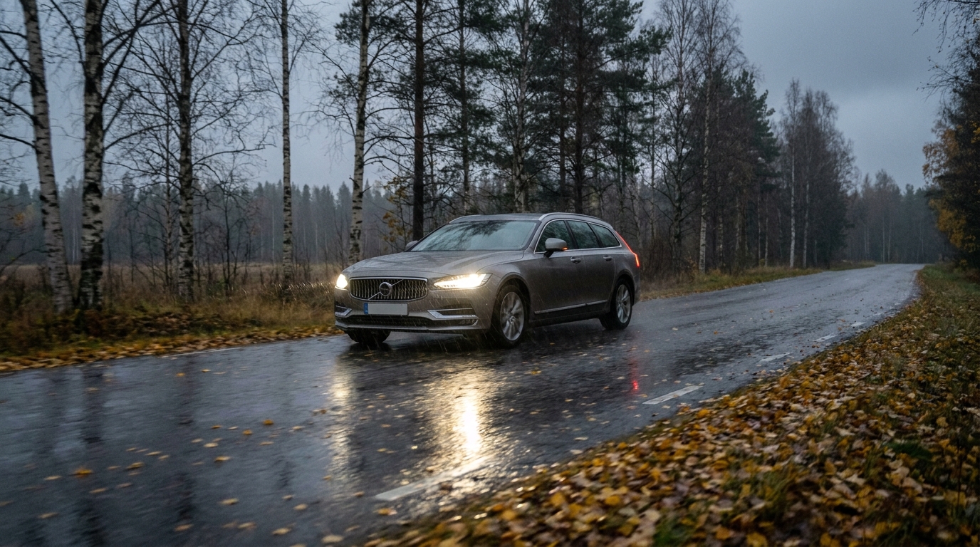 Bil på våt asfaltväg i höstmörker med tända strålkastare och löv på vägbanan