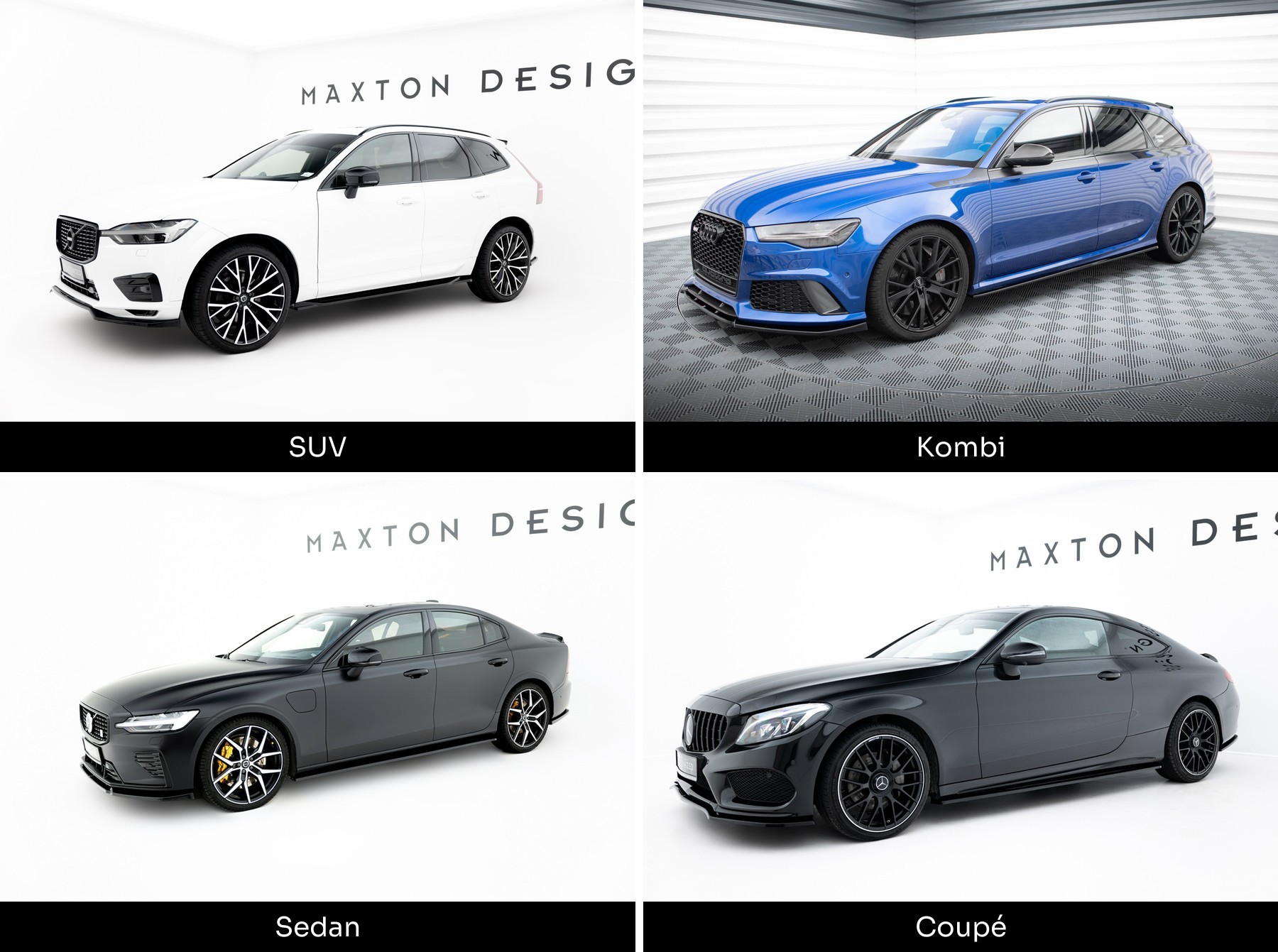Maxton Design: så väljer du frontläpp, splitter och diffuser till din bil 5 Fyra karossformer med Maxton-delar: SUV (Volvo XC60), kombi (Audi RS6 Avant), sedan (Volvo S60) och coupé (Mercedes-Benz C-Klass) (foto: Maxton Design)