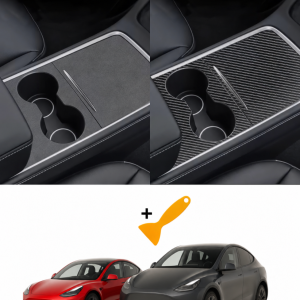 Färdigskuren vinyl passande Tesla model 3/Y – Mittkonsol skydd i "Alcantara" & "Kolfiber" (Enkel montering)